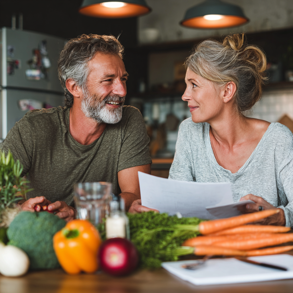 satisfied middle-aged clients discussing their nutrition progress with healthy food on table